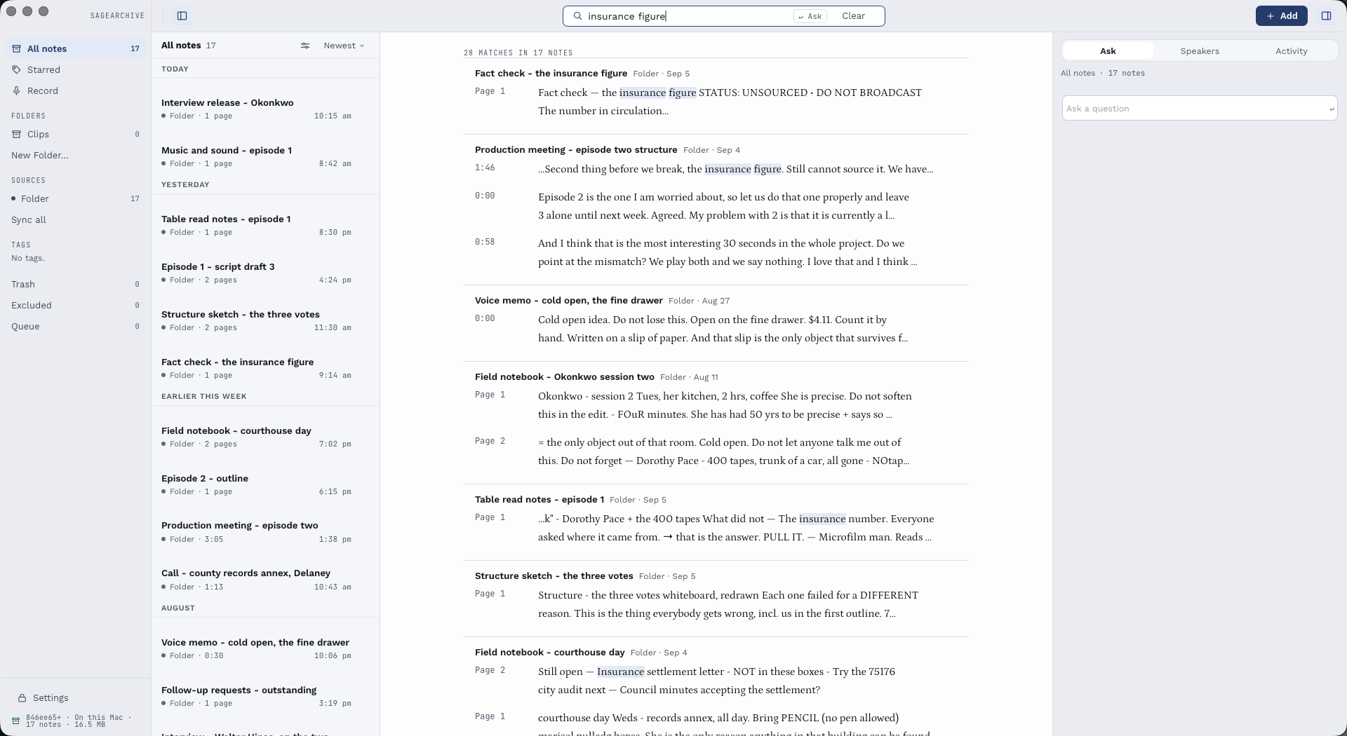 Searching a SageArchive library for the insurance figure: twenty-eight matches across seventeen notes, each shown as the sentence it appeared in, with the timestamp it was said at or the page it was written on.