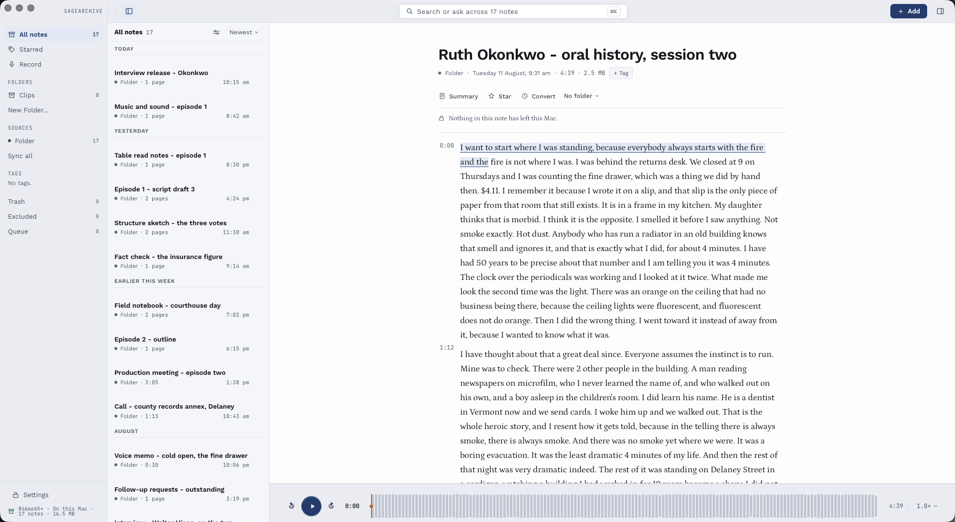 A recording opened in SageArchive, written out as a transcript with a timestamp against every paragraph, the waveform and transport along the bottom, and a line above the text reading “Nothing in this note has left this Mac.”